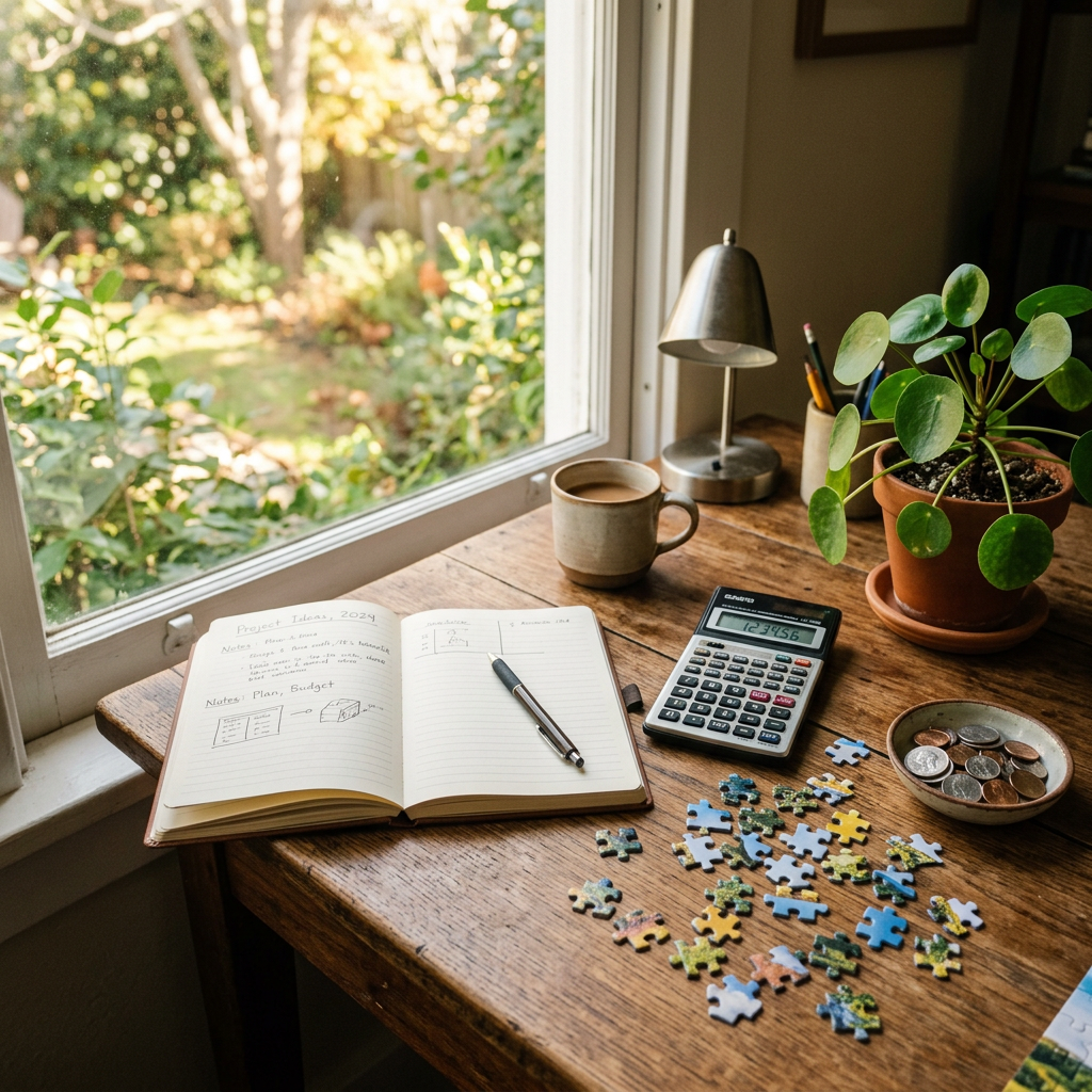 Open notebook with pen, calculator, puzzle pieces, coffee cup, plant, and coins on wooden desk by window