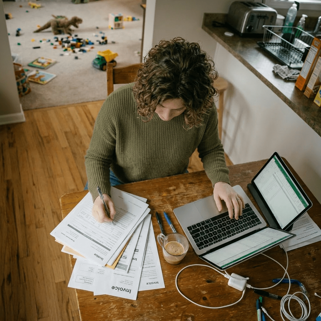 Woman filling out paperwork at wooden table with laptop and coffee in home setting