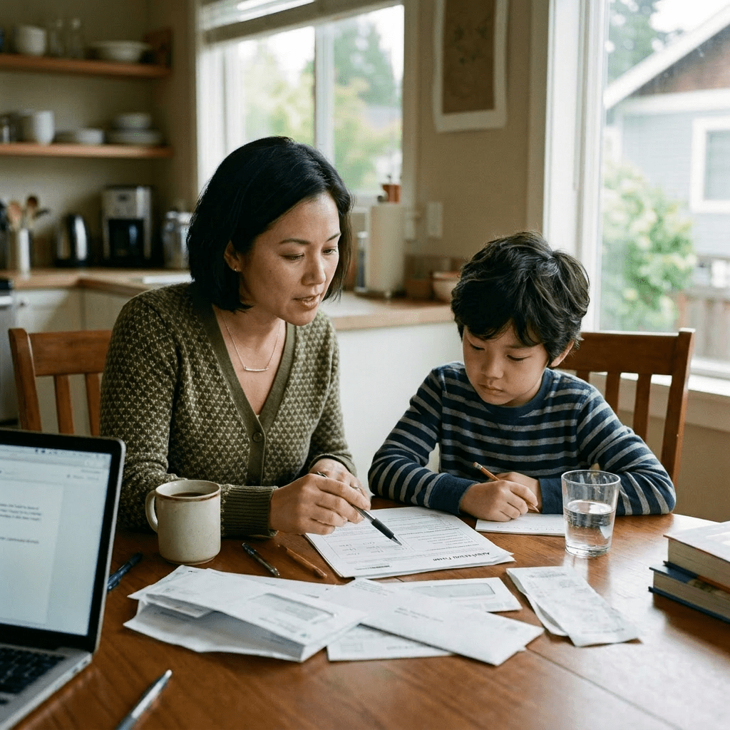 Mother helping son with homework at kitchen table
