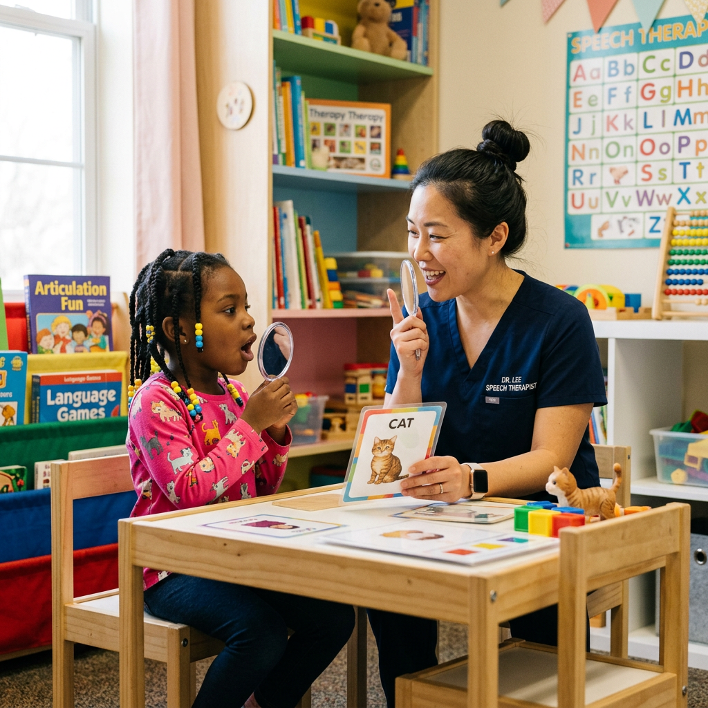 Asian speech therapist with six-year-old Black girl