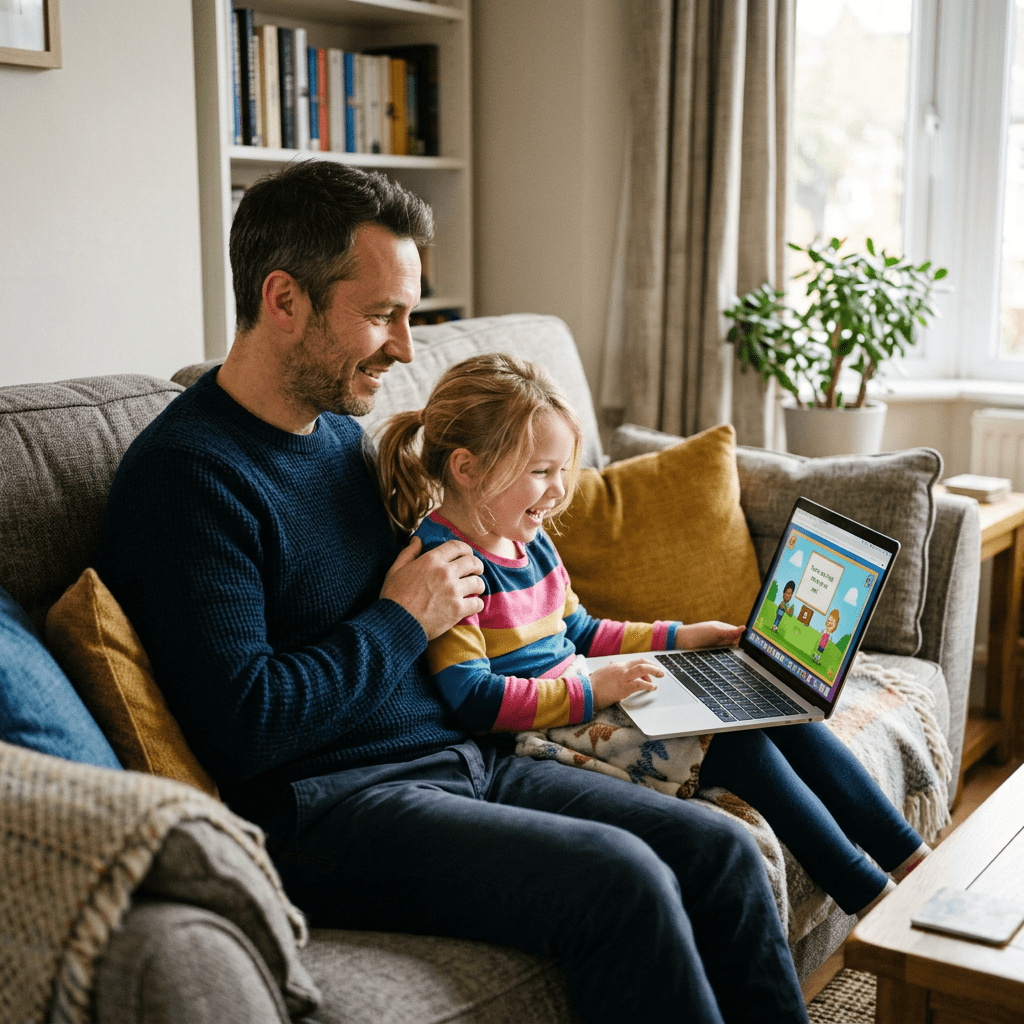 Father and daughter smiling while using laptop for educational game at home