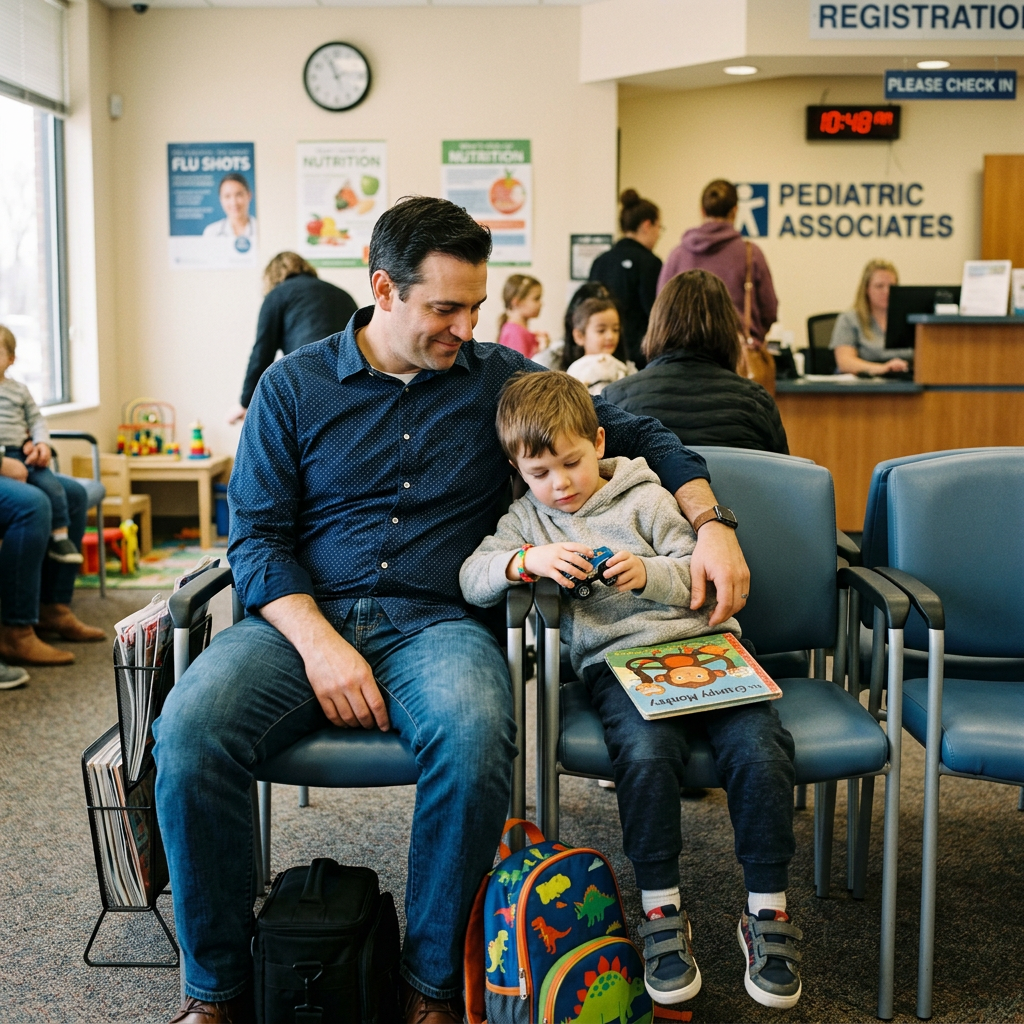 Man sitting next to child holding toy and book in pediatric clinic waiting area