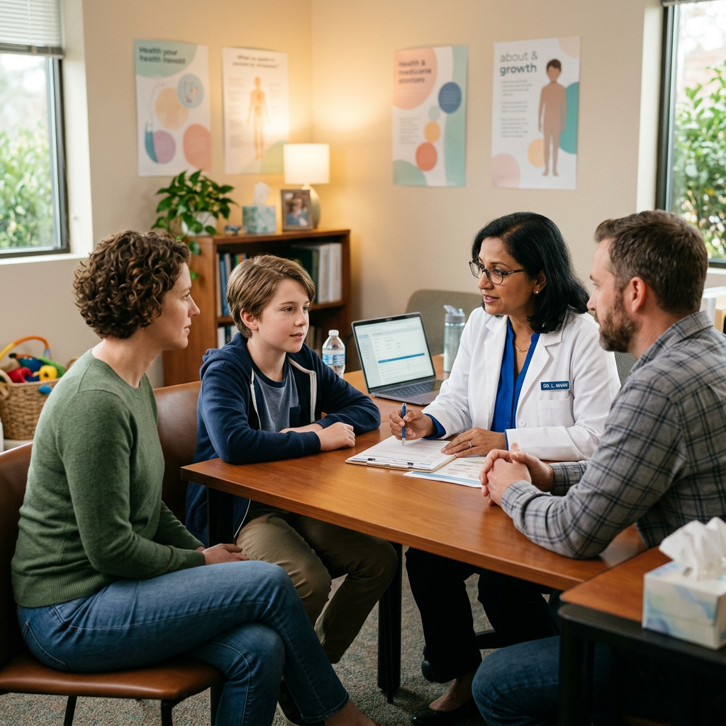 Doctor consulting young boy and parents in medical office