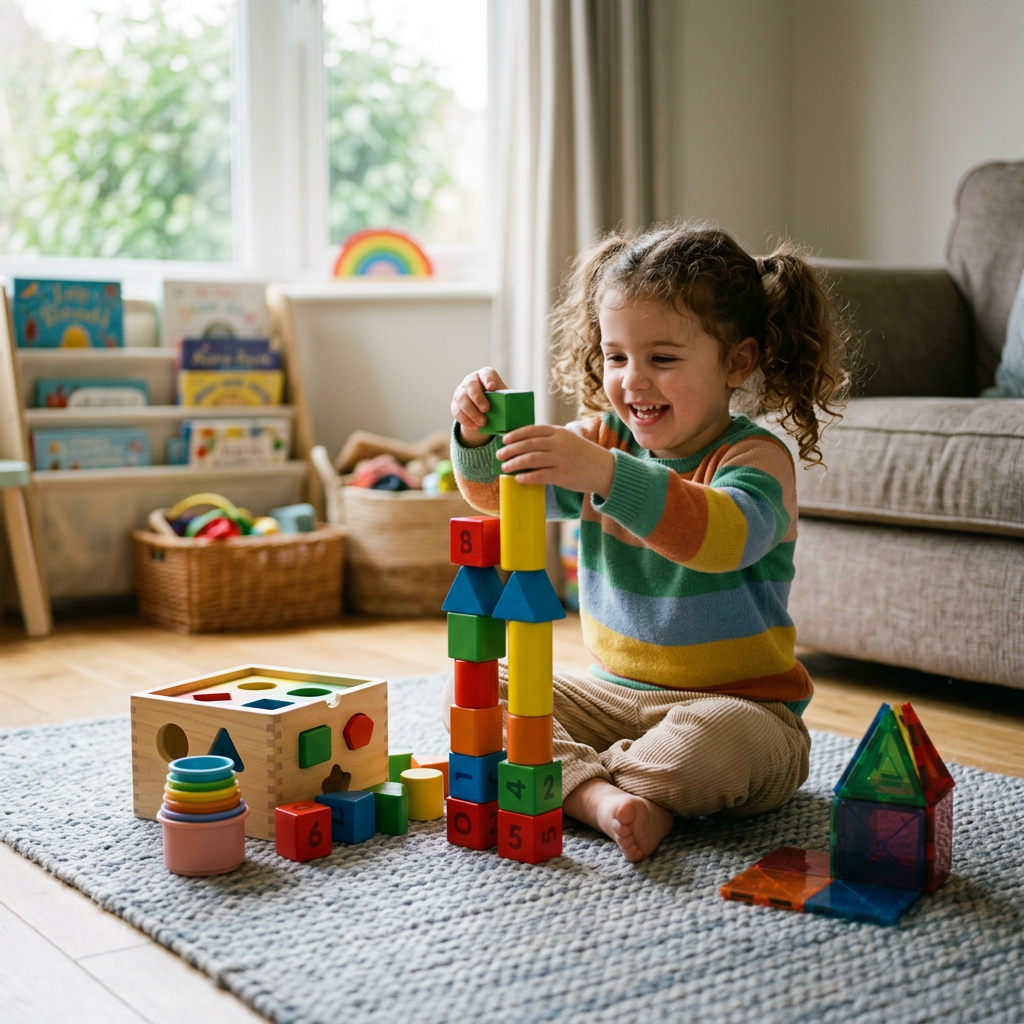 Child sitting on rug building a tower with colorful blocks