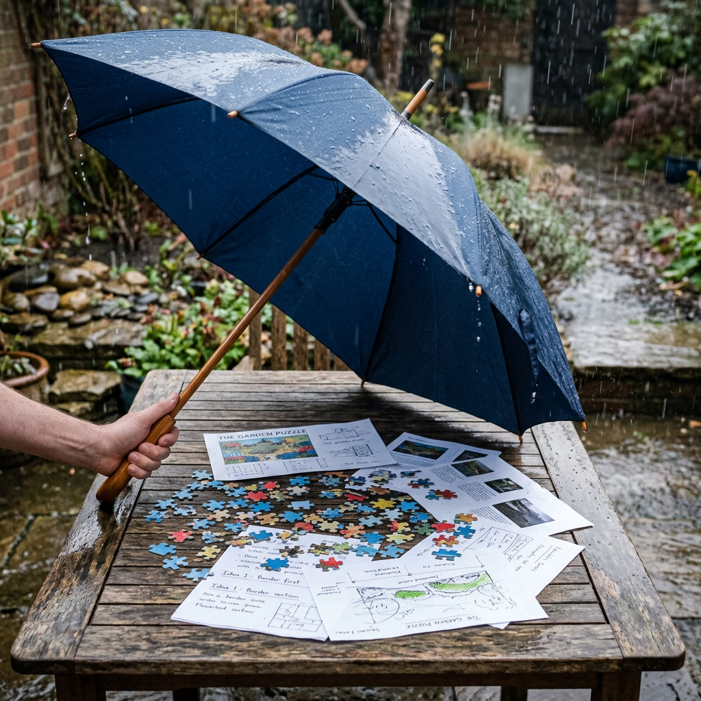 Hand holding blue umbrella over partially completed puzzle and papers on wooden table in rain