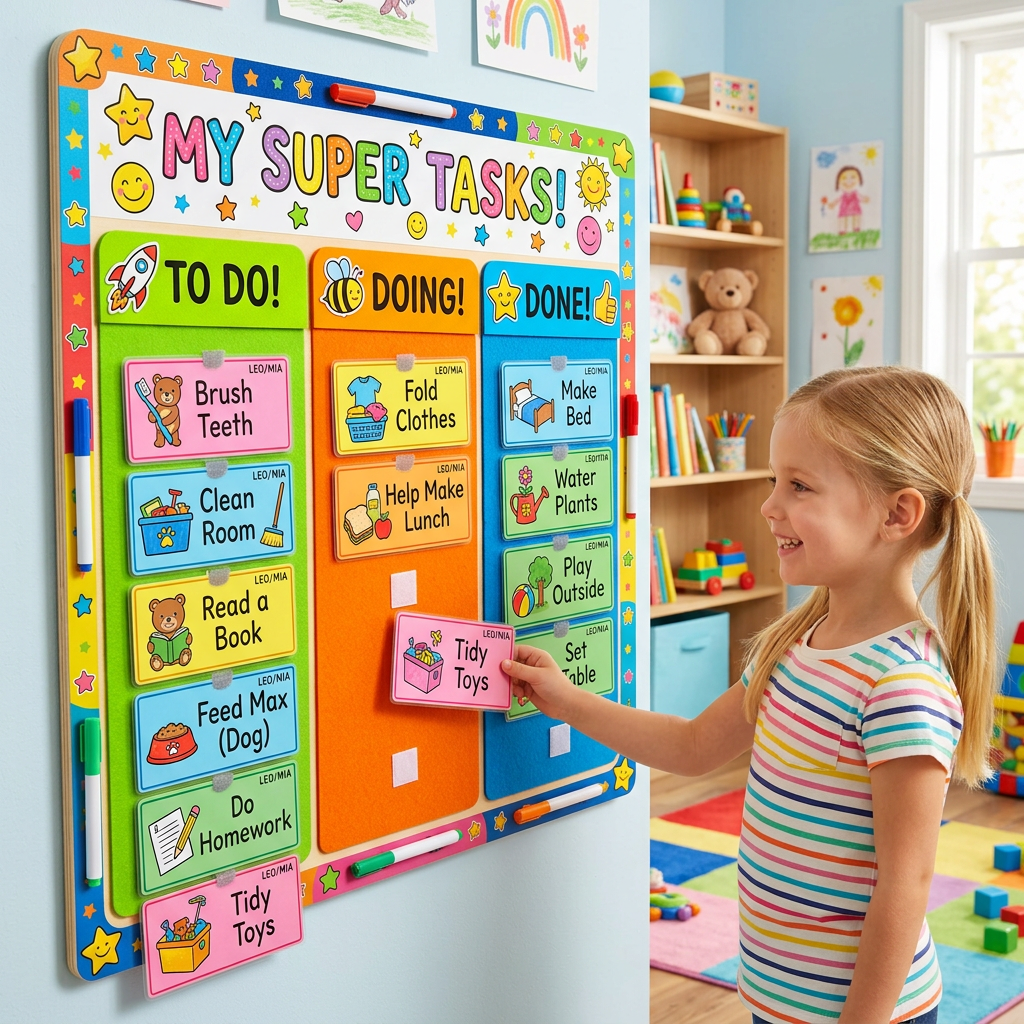 Colorful children's task chart with sections To Do, Doing, and Done with a girl moving a card