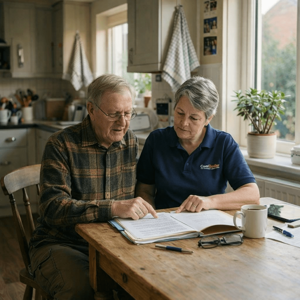 Caregiver in blue uniform assisting elderly man reading papers at table