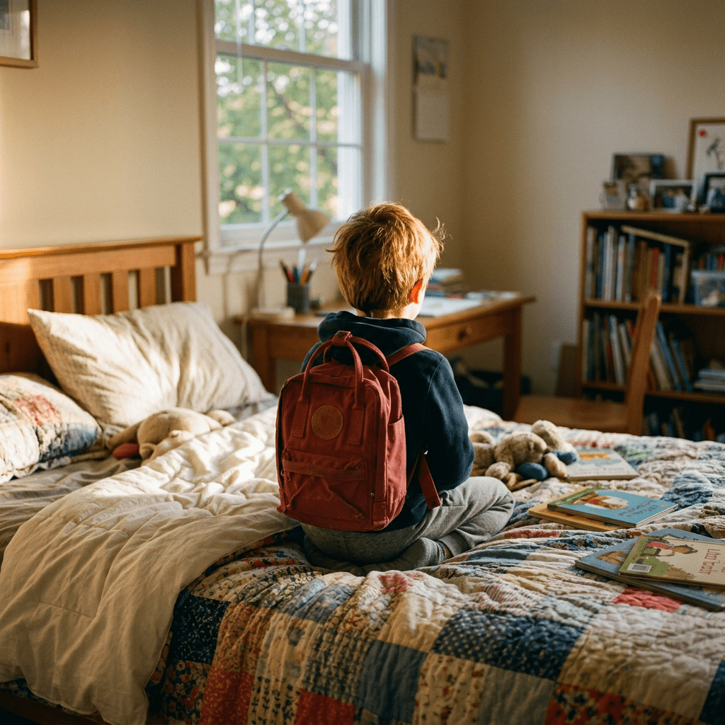 Young child sitting on bed with backpack in bedroom, surrounded by books and toys