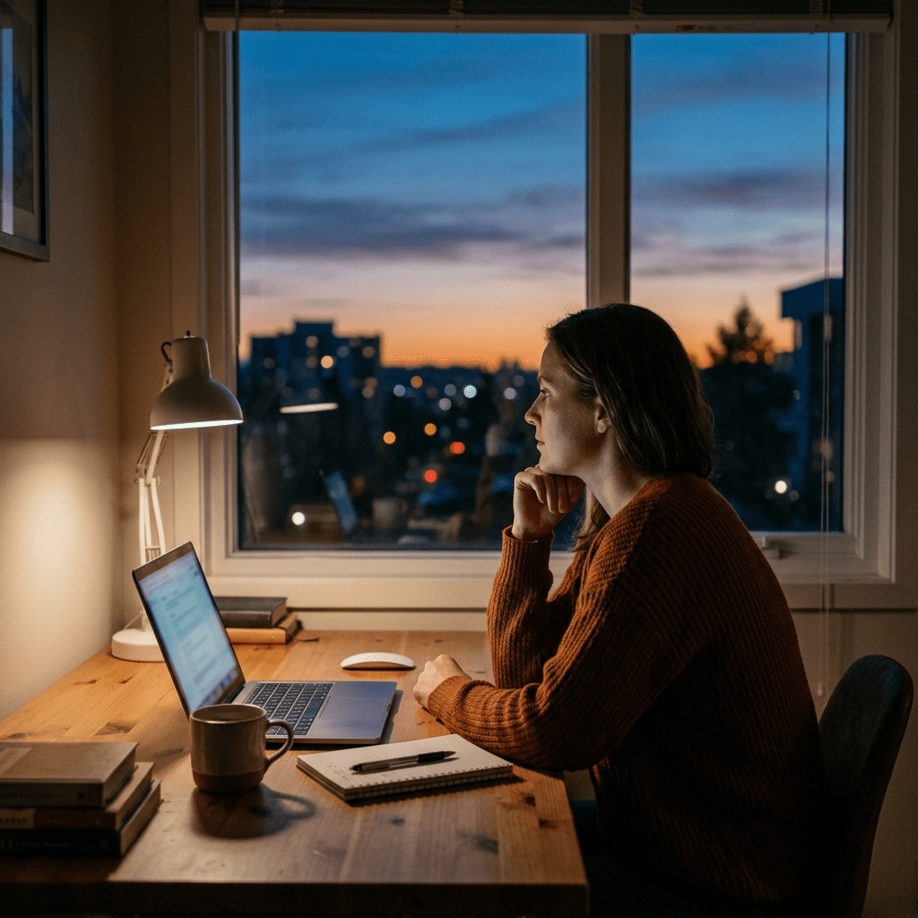 Woman sitting at desk with laptop and notebook, looking out window at sunset