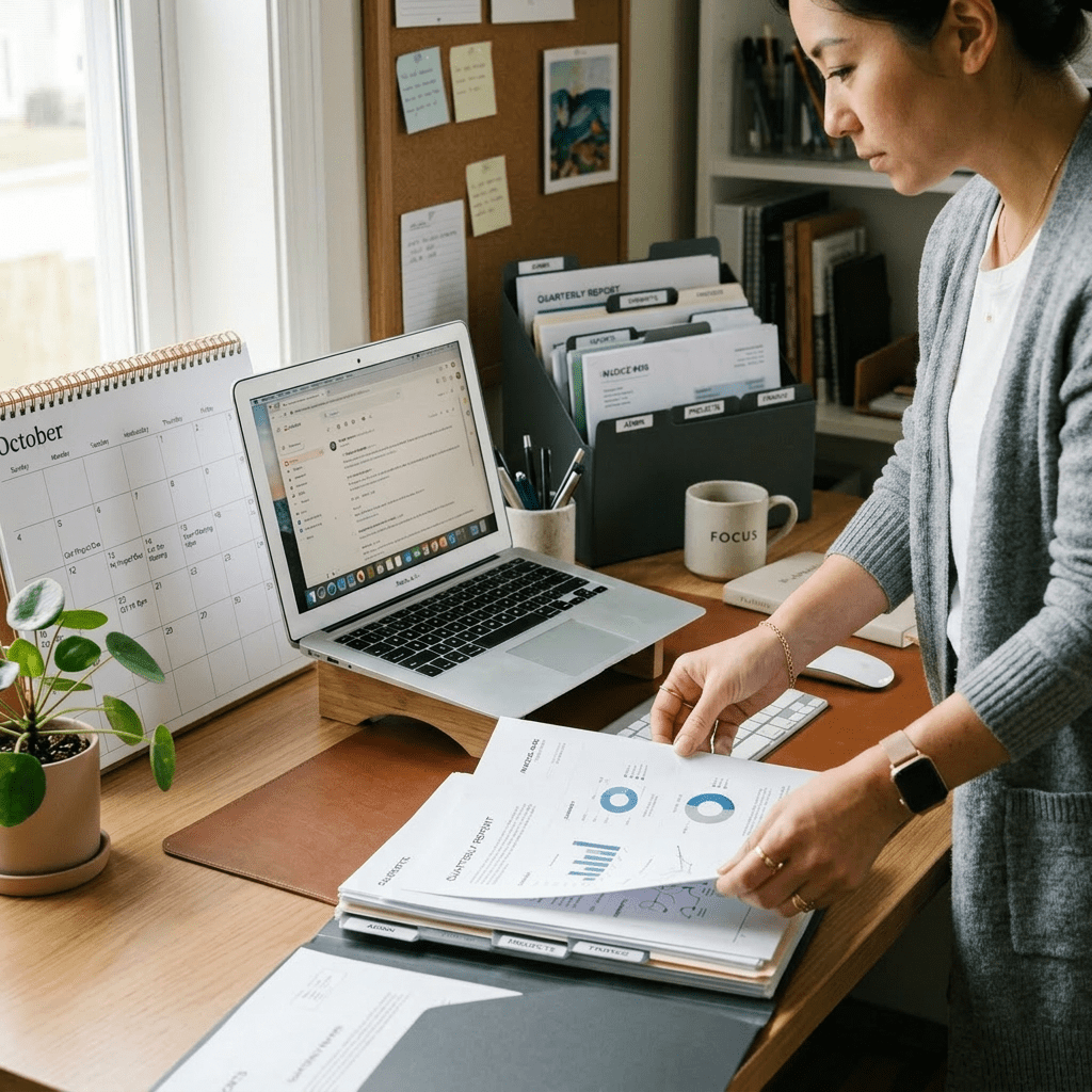 Person handling quarterly report papers on desk with laptop and organizer