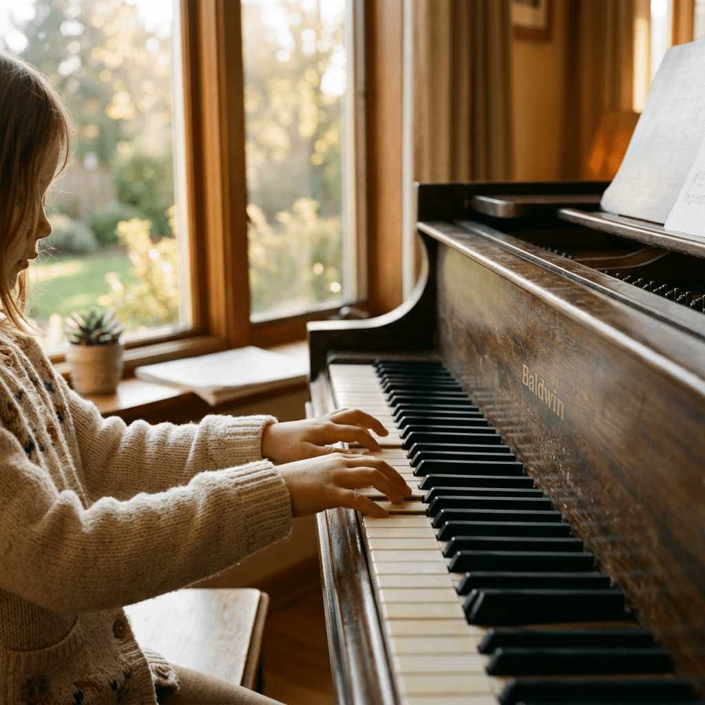 Child playing piano with sheet music nearby by a window