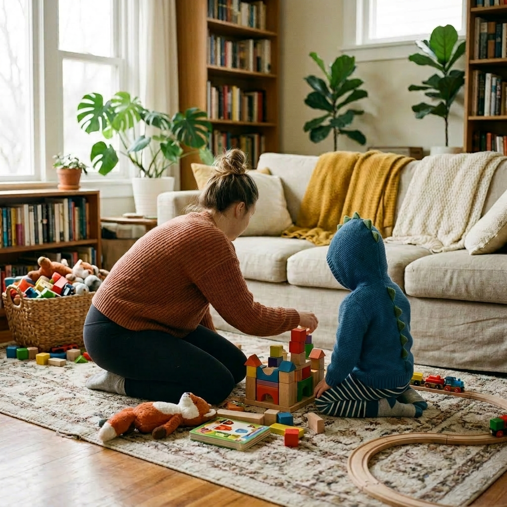 An adult and child building a structure with colorful wooden blocks on a rug